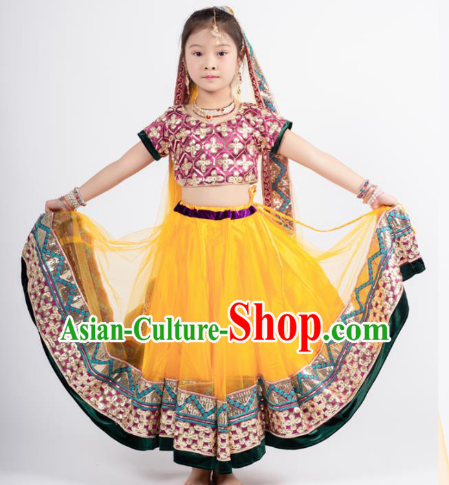 Asian India Sari Traditional Bollywood Costumes South Asia Indian Princess Belly Dance Yellow Dress for Kids
