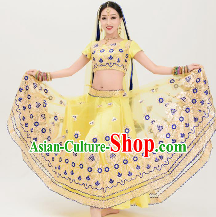 Asian India Traditional Yellow Sari Bollywood Belly Dance Costumes South Asia Indian Princess Dress for Women