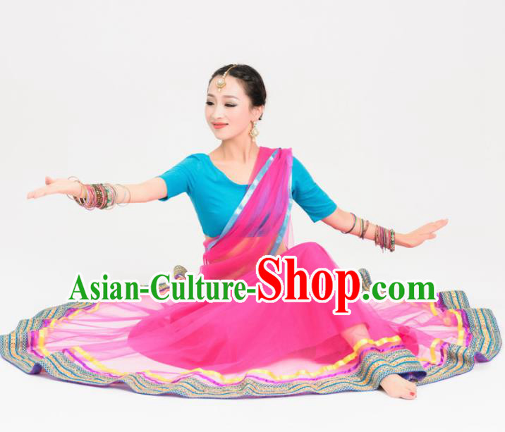 Asian India Traditional Sari Bollywood Belly Dance Costumes South Asia Indian Princess Rosy Veil Dress for Women