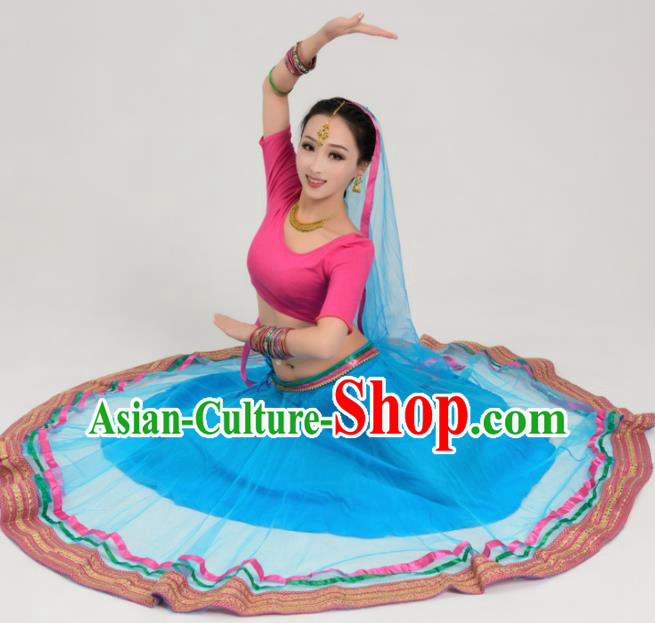 Asian India Traditional Bollywood Belly Dance Costumes South Asia Indian Princess Sari Blue Veil Dress for Women