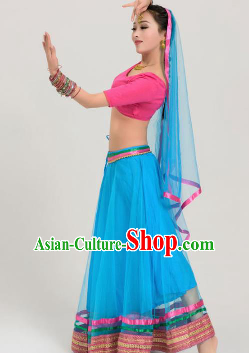 Asian India Traditional Bollywood Belly Dance Costumes South Asia Indian Princess Sari Blue Veil Dress for Women