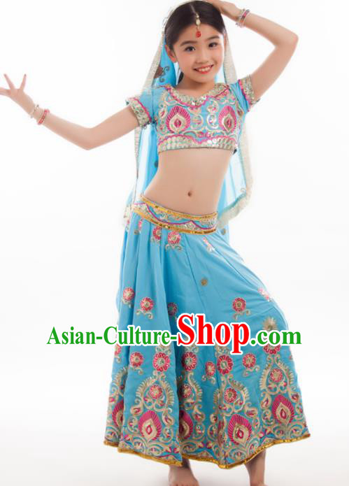 Asian India Princess Traditional Oriental Bollywood Costumes South Asia Indian Belly Dance Blue Sari Dress for Kids