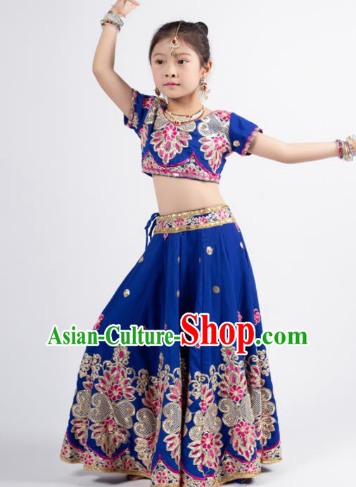 Asian India Princess Traditional Oriental Bollywood Costumes South Asia Indian Belly Dance Royalblue Sari Dress for Kids