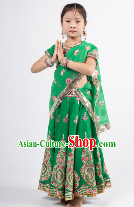 Asian India Princess Traditional Oriental Bollywood Costumes South Asia Indian Belly Dance Green Sari Dress for Kids