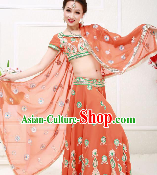 Asian India Princess Traditional Oriental Bollywood Orange Costumes South Asia Indian Belly Dance Sari Dress for Women