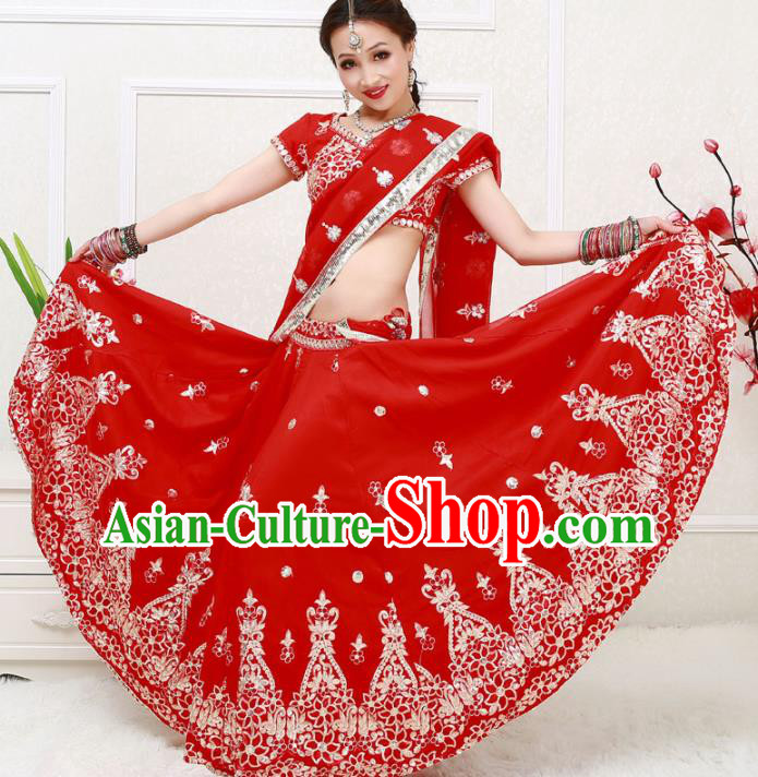 Asian India Princess Traditional Oriental Bollywood Red Costumes South Asia Indian Belly Dance Sari Dress for Women