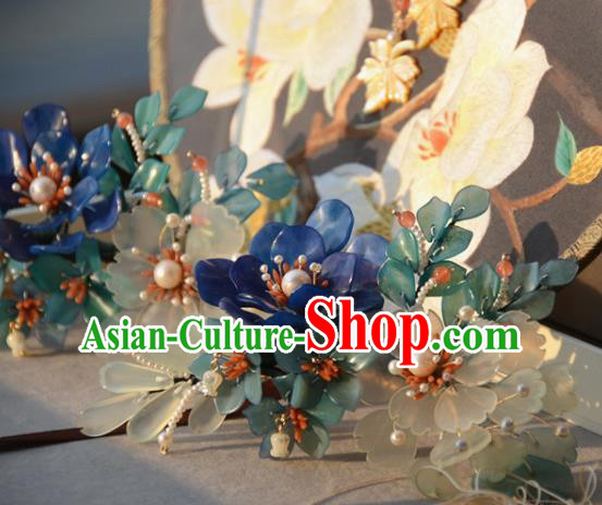 Traditional Chinese Hanfu Hair Accessories Ancient Princess Green and Blue Flowers Hairpins for Women