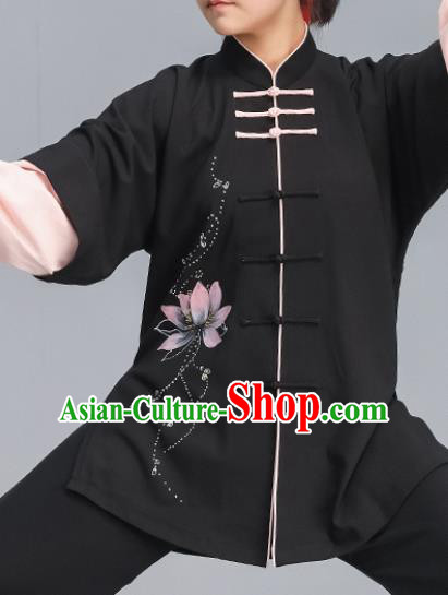 Asian Chinese Martial Arts Wushu Costume Traditional Tai Ji Kung Fu Training Printing Lotus Black Uniform for Women