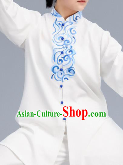 Asian Chinese Martial Arts Wushu Costume Traditional Tai Ji Kung Fu Training Embroidered White Uniform for Women