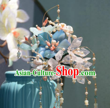 Traditional Chinese Hanfu Hair Accessories Ancient Princess Blue Flowers Tassel Hairpins for Women