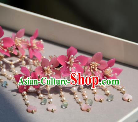 Traditional Chinese Hanfu Hair Accessories Ancient Princess Pink Flowers Hair Crown Tassel Hairpins for Women