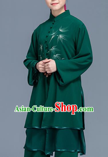 Asian Chinese Traditional Martial Arts Printing Bamboo Green Costume Tai Ji Kung Fu Training Uniform for Women