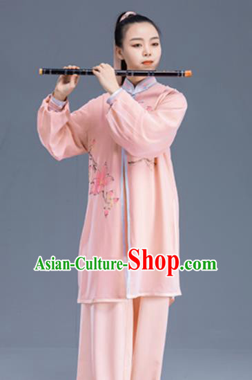 Asian Chinese Martial Arts Traditional Kung Fu Printing Pink Costume Tai Ji Training Group Competition Uniform for Women