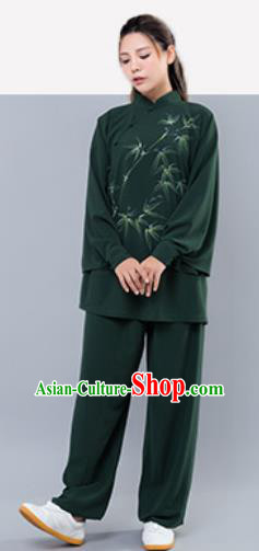 Asian Chinese Martial Arts Traditional Kung Fu Printing Bamboo Green Costume Tai Ji Training Group Competition Uniform for Women