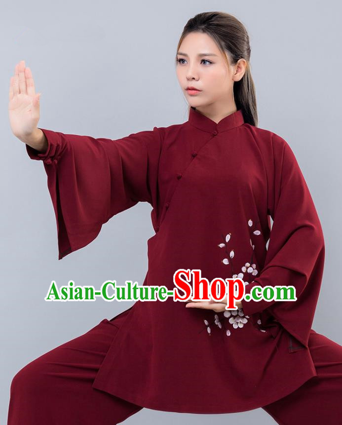 Asian Chinese Martial Arts Traditional Kung Fu Printing Wine Red Costume Tai Ji Training Group Competition Uniform for Women