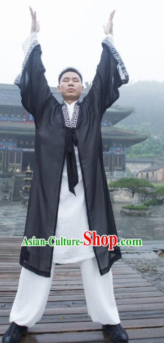 Asian Chinese Traditional Martial Arts Kung Fu Costume Wudang Taoist Priest Tai Ji Black Robe for Men