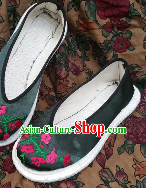 Chinese Ancient Princess Shoes Traditional Atrovirens Satin Slippers Hanfu Shoes Embroidered Shoes for Women