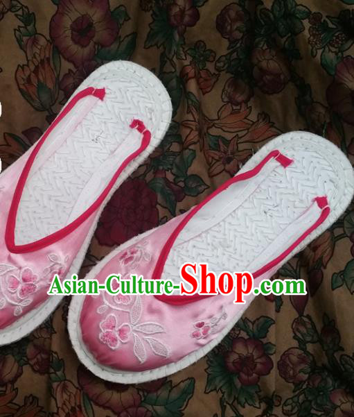 Chinese Ancient Princess Shoes Traditional Pink Satin Slippers Hanfu Shoes Embroidered Shoes for Women
