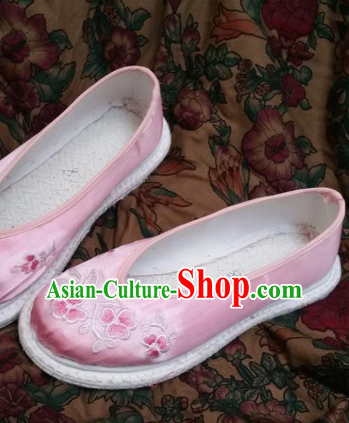Chinese Ancient Princess Slippers Traditional Embroidered Pink Satin Shoes Hanfu Shoes for Women