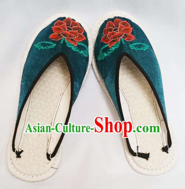 Chinese Ancient Princess Slippers Traditional Embroidered Lotus Deep Green Satin Shoes Hanfu Shoes for Women