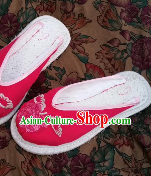 Chinese Ancient Princess Cloth Slippers Traditional Embroidered Lotus Rosy Shoes Hanfu Shoes for Women