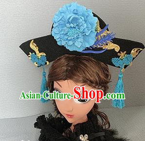 Traditional Chinese Ancient Palace Blue Peony Hair Clasp Qing Dynasty Princess Hair Accessories for Women