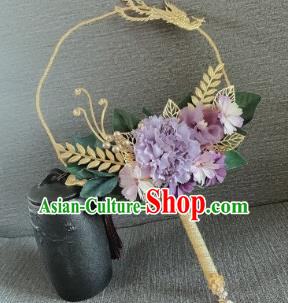Chinese Traditional Wedding Palace Fans Ancient Bride Purple Flowers Phoenix Round Fans for Women