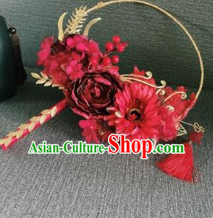 Chinese Traditional Wedding Palace Fans Ancient Bride Red Flowers Phoenix Round Fans for Women