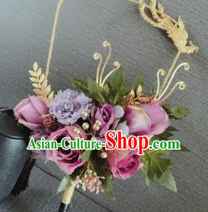 Chinese Traditional Wedding Palace Fans Ancient Bride Purple Roses Phoenix Round Fans for Women
