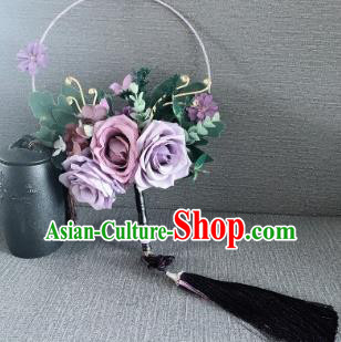Chinese Traditional Wedding Purple Roses Palace Fans Ancient Bride Round Fans for Women