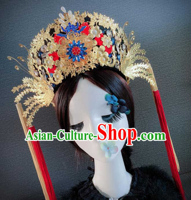 Traditional Chinese Ancient Palace Queen Cloisonne Phoenix Coronet Headwear Qing Dynasty Manchu Hair Accessories for Women