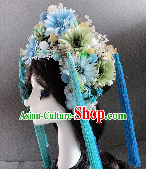 Handmade Chinese Ancient Queen Luxury Blue Flowers Hair Accessories Halloween Modern Fancywork Headwear for Women