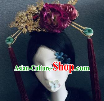 Traditional Chinese Ancient Qing Dynasty Palace Hair Accessories Queen Rosy Peony Headwear for Women
