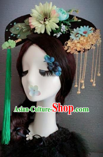 Traditional Chinese Ancient Palace Green Flower Hair Accessories Qing Dynasty Queen Headwear for Women