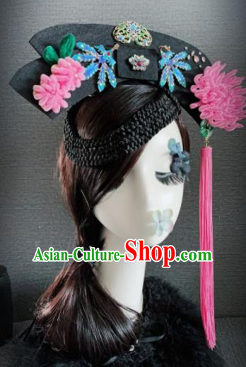 Traditional Chinese Ancient Palace Pink Velvet Chrysanthemum Hair Accessories Qing Dynasty Queen Headwear for Women