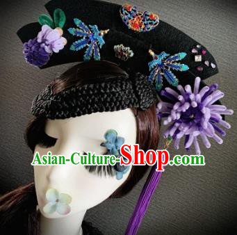 Traditional Chinese Ancient Palace Purple Velvet Chrysanthemum Hair Accessories Qing Dynasty Queen Headwear for Women