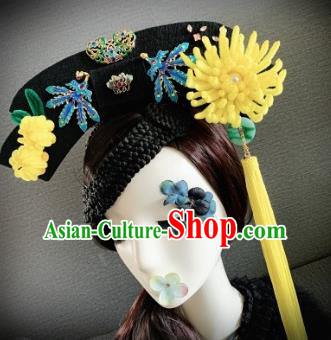 Traditional Chinese Ancient Palace Yellow Velvet Chrysanthemum Hair Accessories Qing Dynasty Queen Headwear for Women