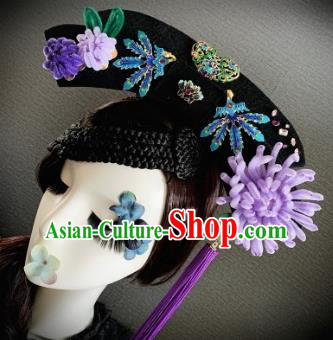 Traditional Chinese Ancient Palace Light Purple Velvet Chrysanthemum Hair Accessories Qing Dynasty Queen Headwear for Women