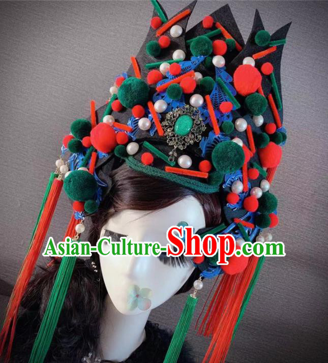 Handmade Chinese Ancient Opera Luxury Green Hair Accessories Halloween Modern Fancywork Headwear for Women
