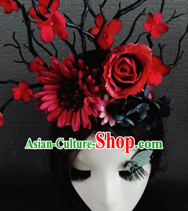 Top Grade Halloween Gothic Red Flowers Branch Hair Accessories Brazilian Carnival Headwear for Women
