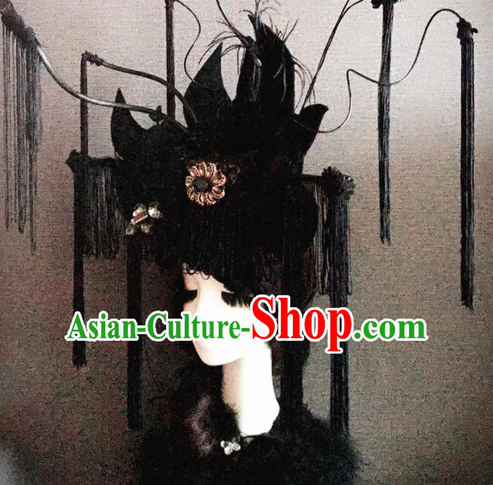 Handmade Chinese Ancient Opera Luxury Black Tassel Hair Accessories Halloween Modern Fancywork Headwear for Women