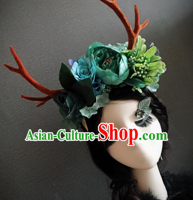 Top Grade Halloween Gothic Green Peony Branch Hair Accessories Brazilian Carnival Headwear for Women