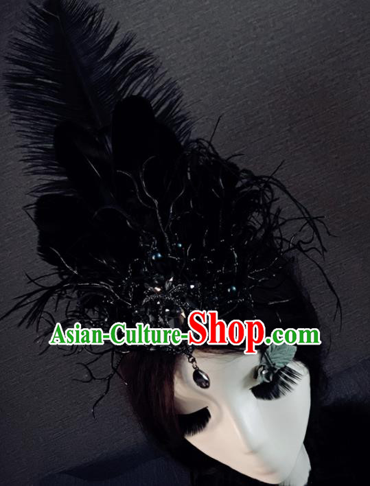 Top Grade Gothic Black Feather Hair Accessories Brazilian Carnival Halloween Headwear for Women