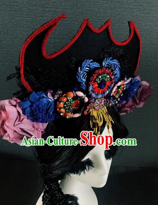 Handmade Chinese Ancient Luxury Black Hat Hair Accessories Halloween Queen Modern Fancywork Headwear for Women