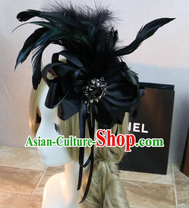 Top Grade Stage Performance Bowknot Hair Accessories Gothic Bride Black Feather Hair Stick Headwear for Women