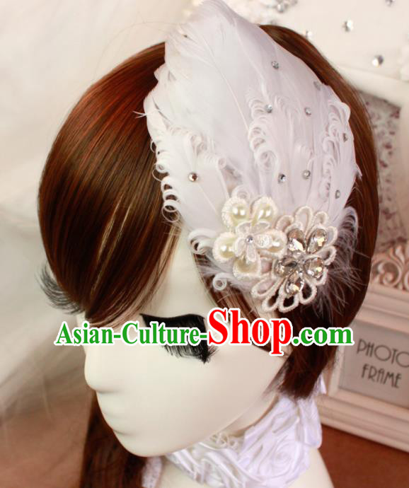Top Grade Bride Hair Stick Headwear Princess White Feather Hair Accessories for Women
