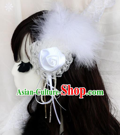 Top Grade Baroque Princess White Feather Rose Hair Stick Headwear Wedding Bride Hair Accessories for Women