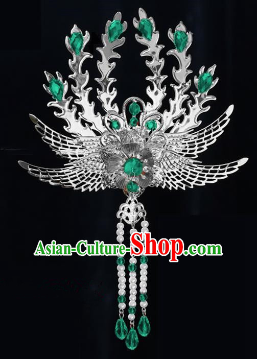 Chinese Ancient Princess Tassel Hair Clip Green Crystal Phoenix Hairpins Traditional Palace Hanfu Hair Accessories for Women
