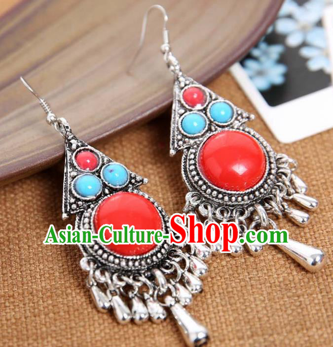 Top Grade Chinese Zang Nationality Red Earrings Traditional Ethnic Accessories for Women