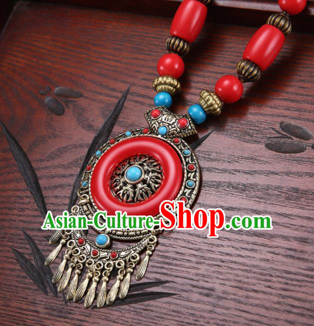 Handmade Chinese Zang Nationality Red Necklace Traditional Ethnic Necklet Accessories for Women
